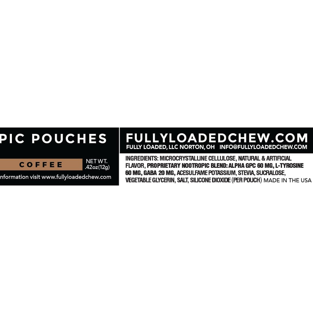 Fully Loaded Bullseye Alpha coffee pouch open, showing discreet white nicotine pouch.