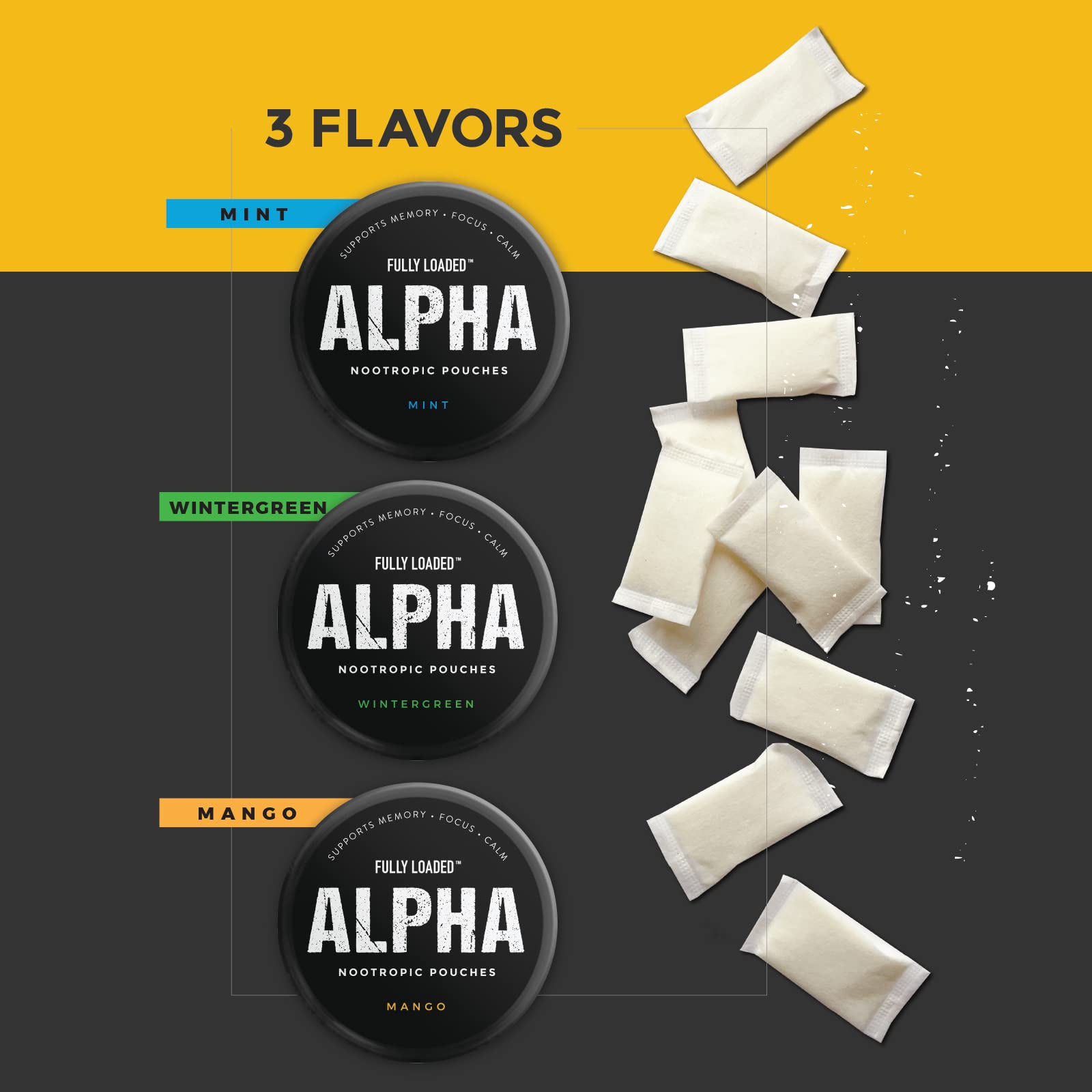 Fully Loaded Bullseye Alpha Nootropic Pouches Mint back view, packaging details
