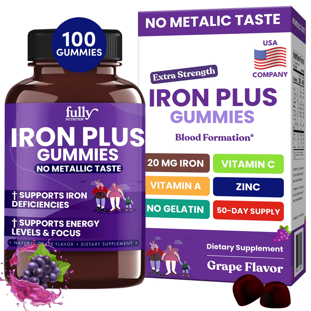 Fully Nutrition Iron Gummies bottle-front with fresh grape flavor for convenient daily iron intake