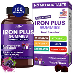 Fully Nutrition Iron Gummies bottle-front with fresh grape flavor for convenient daily iron intake