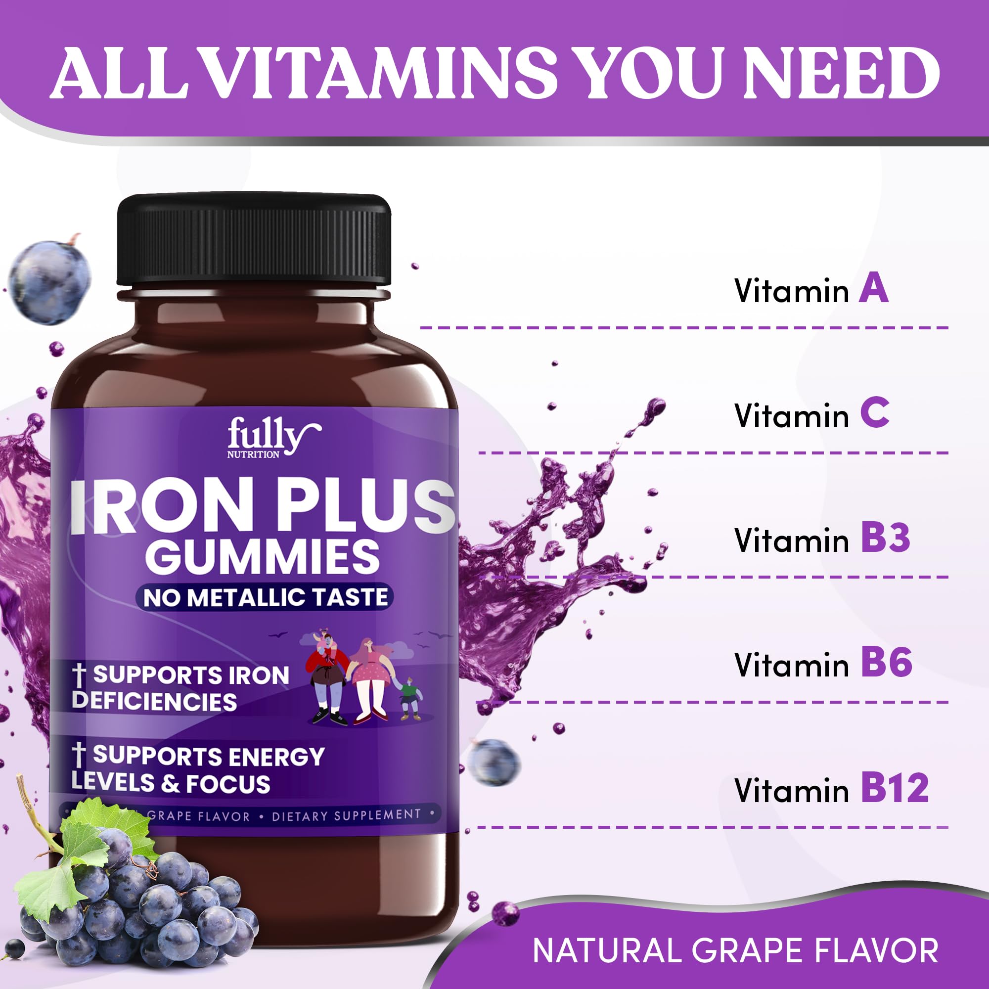 Closeup of grape chews from Fully Nutrition Iron Gummies highlighting smooth flavor