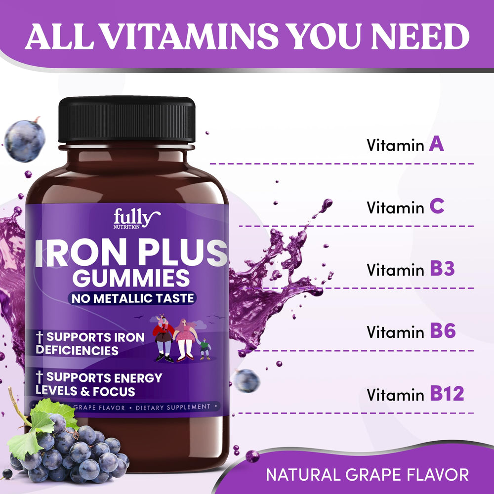 Closeup of grape chews from Fully Nutrition Iron Gummies highlighting smooth flavor