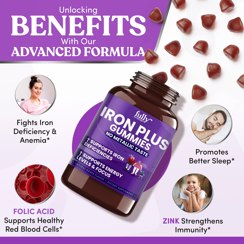 Fully Nutrition Iron Gummies label-back showing vegan and allergen-friendly claims