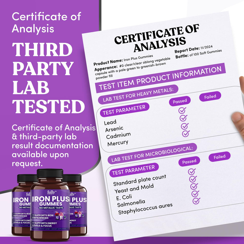 No aftertaste emphasized for Fully Nutrition Iron Gummies grape flavor