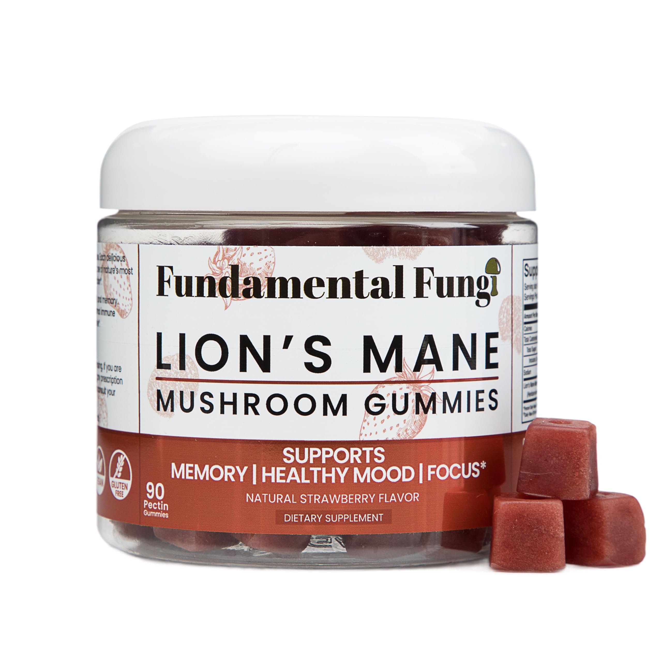 Fundamental Fungi Lions Mane gummies bottle closeup showing focus-supporting daily routine