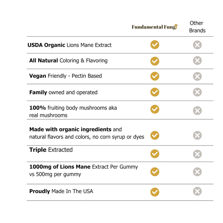 Fundamental Fungi Lions Mane gummies glass with servings suggesting easy daily intake