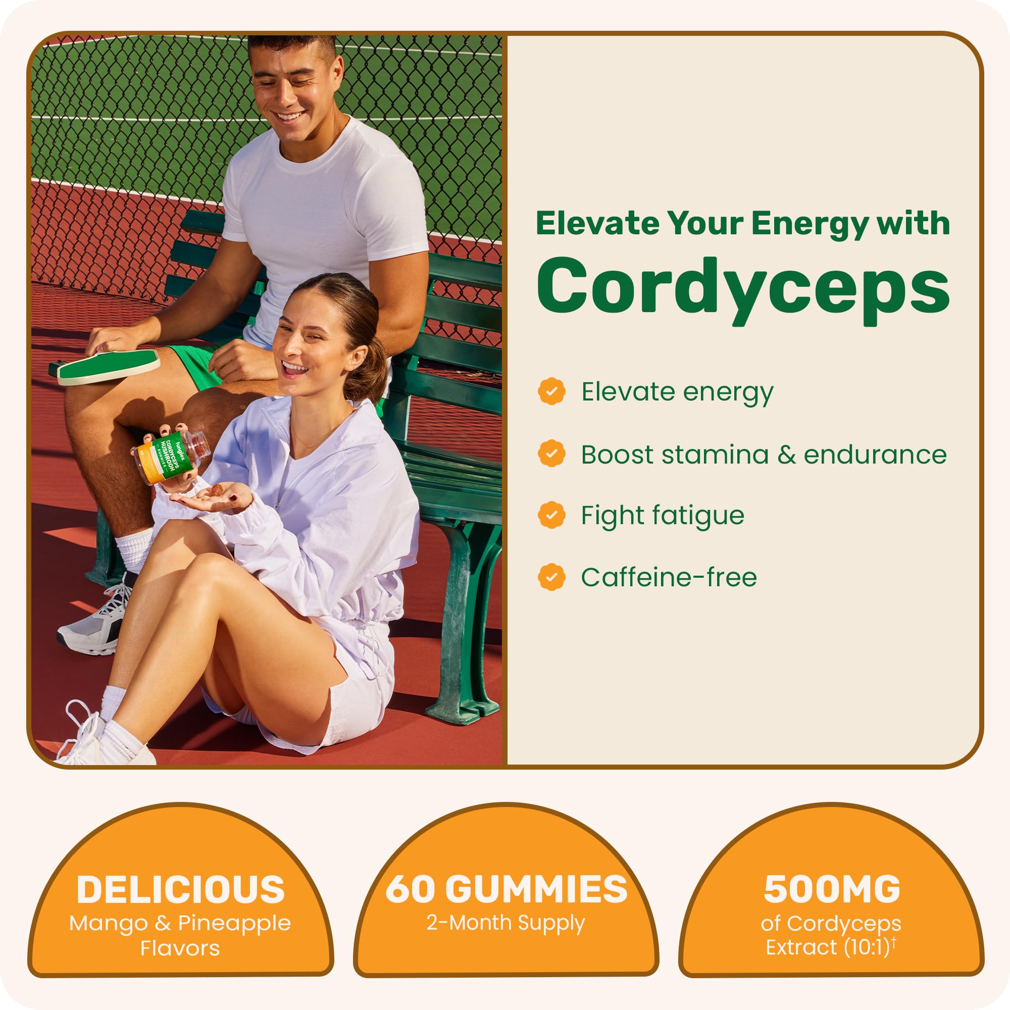 Gomitas Fungies Cordyceps, botella visible, consumo diario práctico para energía sostenida