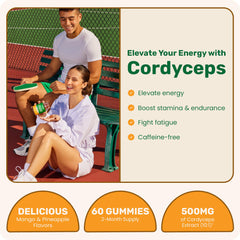 Gomitas Fungies Cordyceps, botella visible, consumo diario práctico para energía sostenida