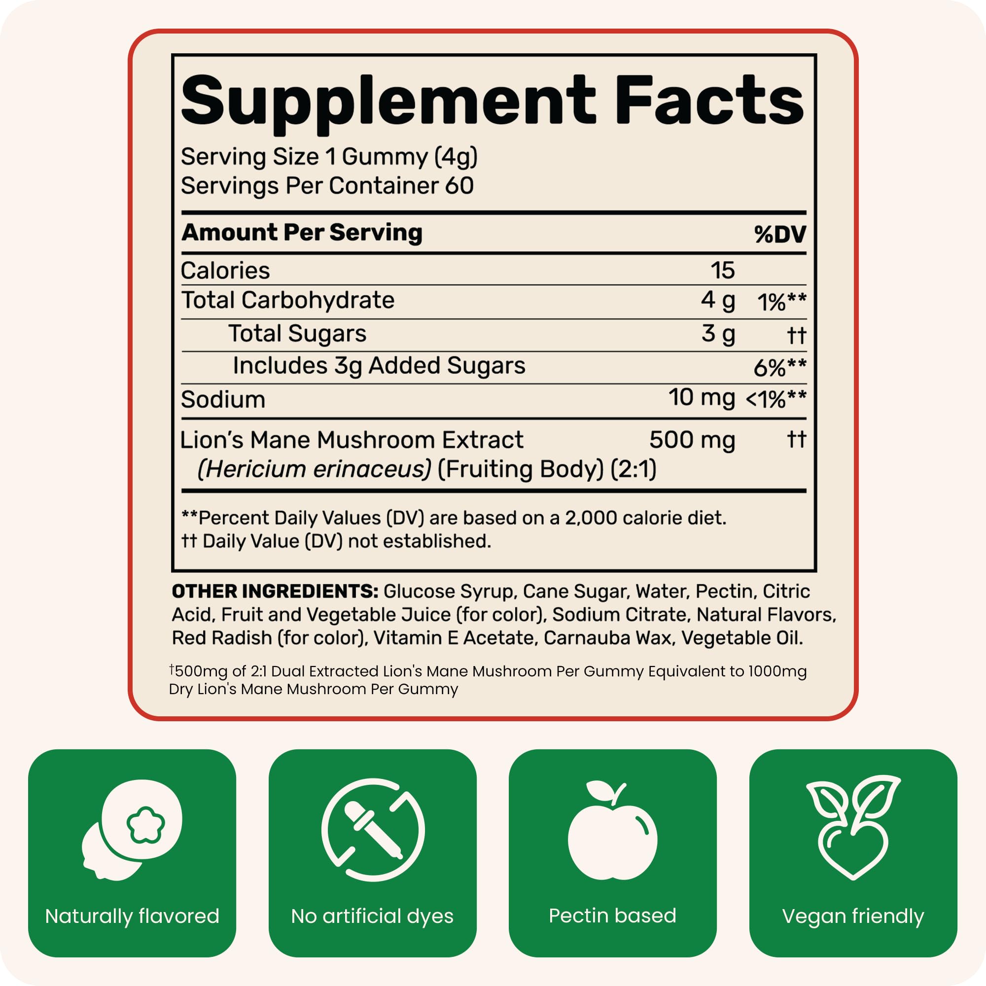 Fungies Lion's Mane Gummies label close-up, shows 1000mg Lion's Mane per serving.
