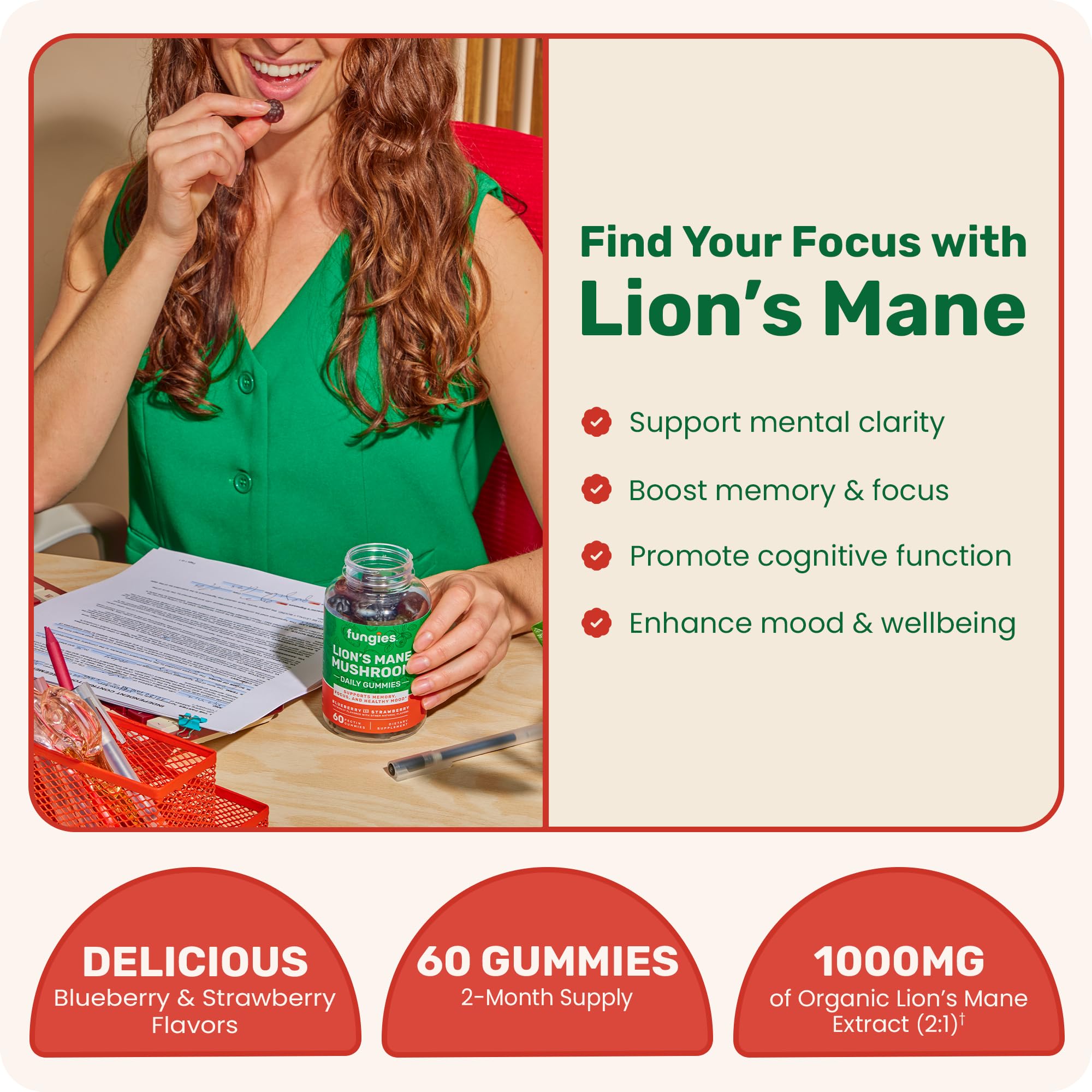 Fungies Lion's Mane Gummies strawberry-blueberry bottle, tasty flavor for focus-friendly snacking.