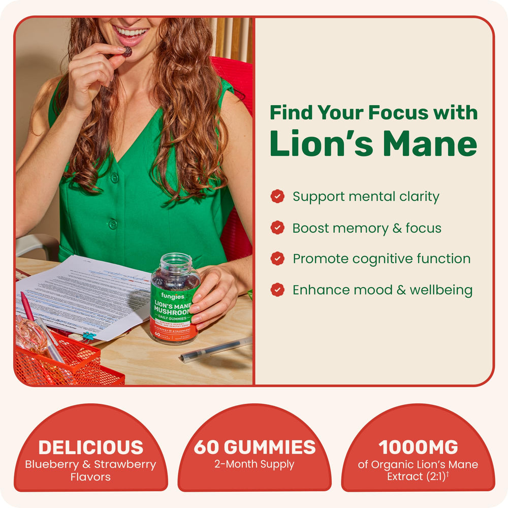 Fungies Lion's Mane Gummies strawberry-blueberry bottle, tasty flavor for focus-friendly snacking.
