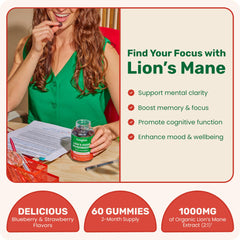 Fungies Lion's Mane Gummies strawberry-blueberry bottle, tasty flavor for focus-friendly snacking.