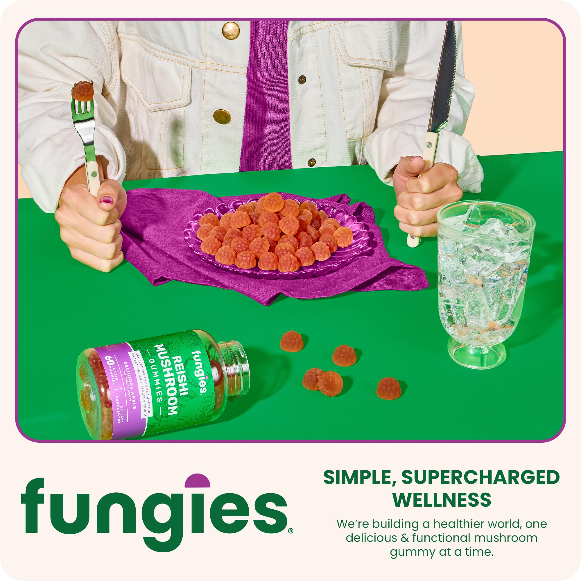 Allergen-free icons beside Fungies Reishi gummies packaging.