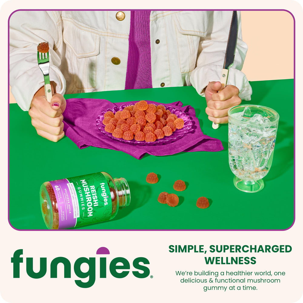 Allergen-free icons beside Fungies Reishi gummies packaging.