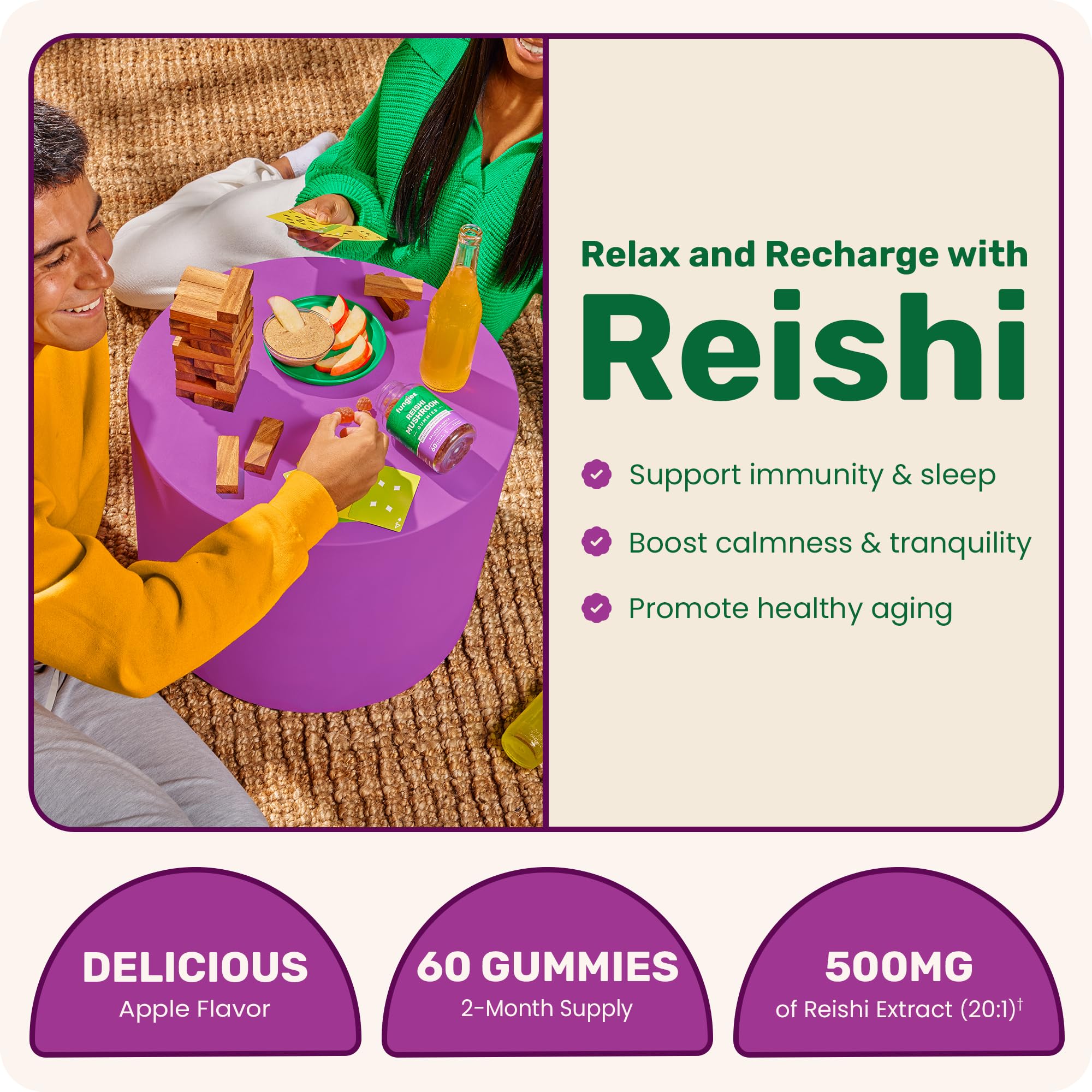 Close-up of Fungies Reishi gummies displaying apple flavor for daily calm.