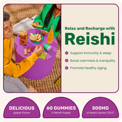 Close-up of Fungies Reishi gummies displaying apple flavor for daily calm.