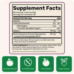 Fungies Reishi bottle label shows 60 servings and vegan, non-GMO formula.