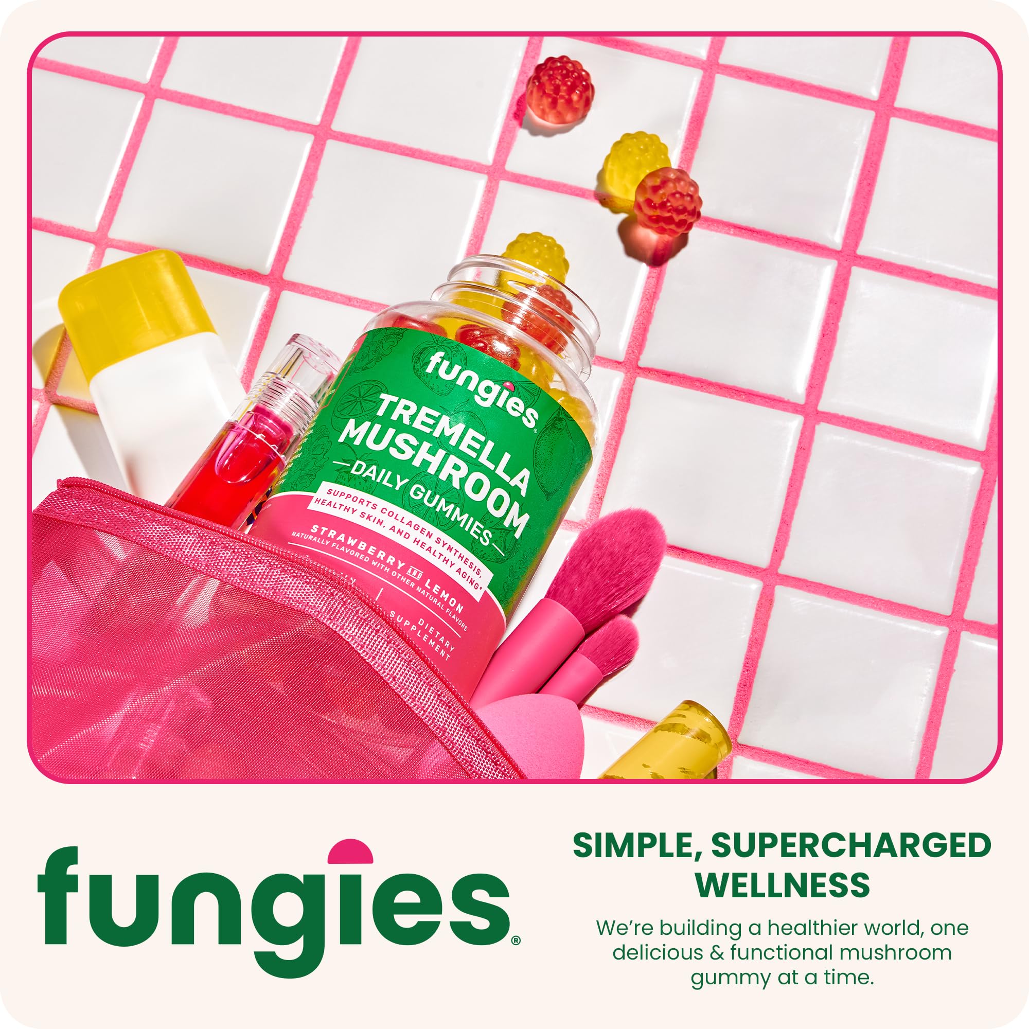 Fungies Tremella Gummies promoting skincare-friendly wellness in a chewable format.