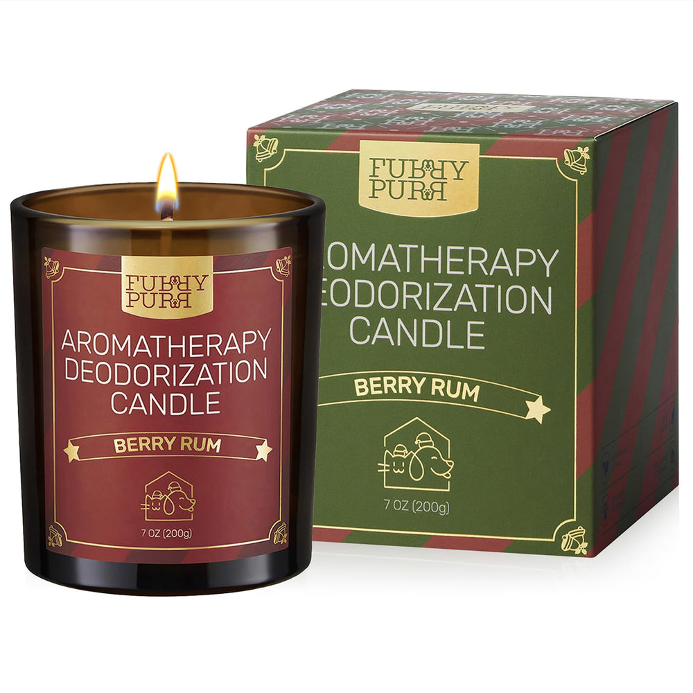 FURRYPURR odor-eliminating candle in berry rum scent for pet-friendly rooms.
