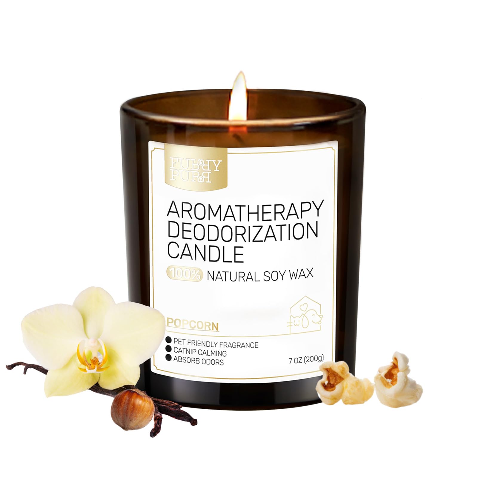 FURRYPURR odor-eliminating candle in vanilla popcorn jar for fresh rooms