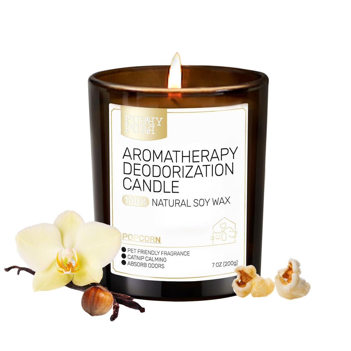 FURRYPURR odor-eliminating candle in vanilla popcorn jar for fresh rooms
