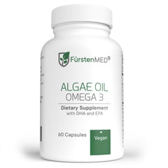 FürstenMED Algae Oil Omega 3 bottle on desk, supporting vegan omega-3 intake