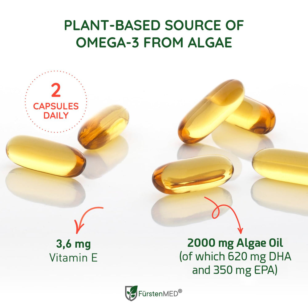 Close-up of DHA and EPA counts on the FürstenMED Omega 3 label, highlighting cognitive support