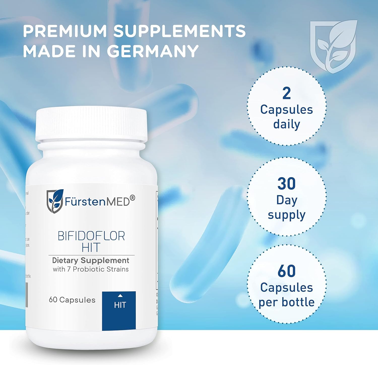FürstenMED Bifidoflor HIT ingredients scene underscores low histamine compatibility.
