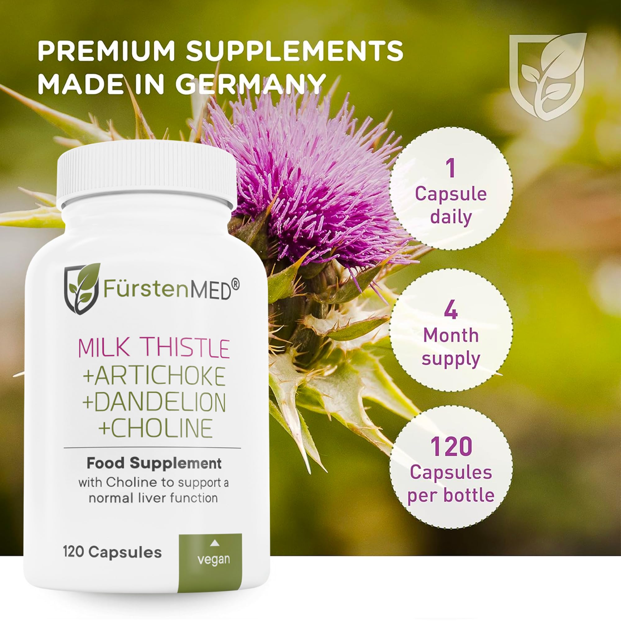 FürstenMED vegan liver support label emphasizes purity and dairy-free ingredients
