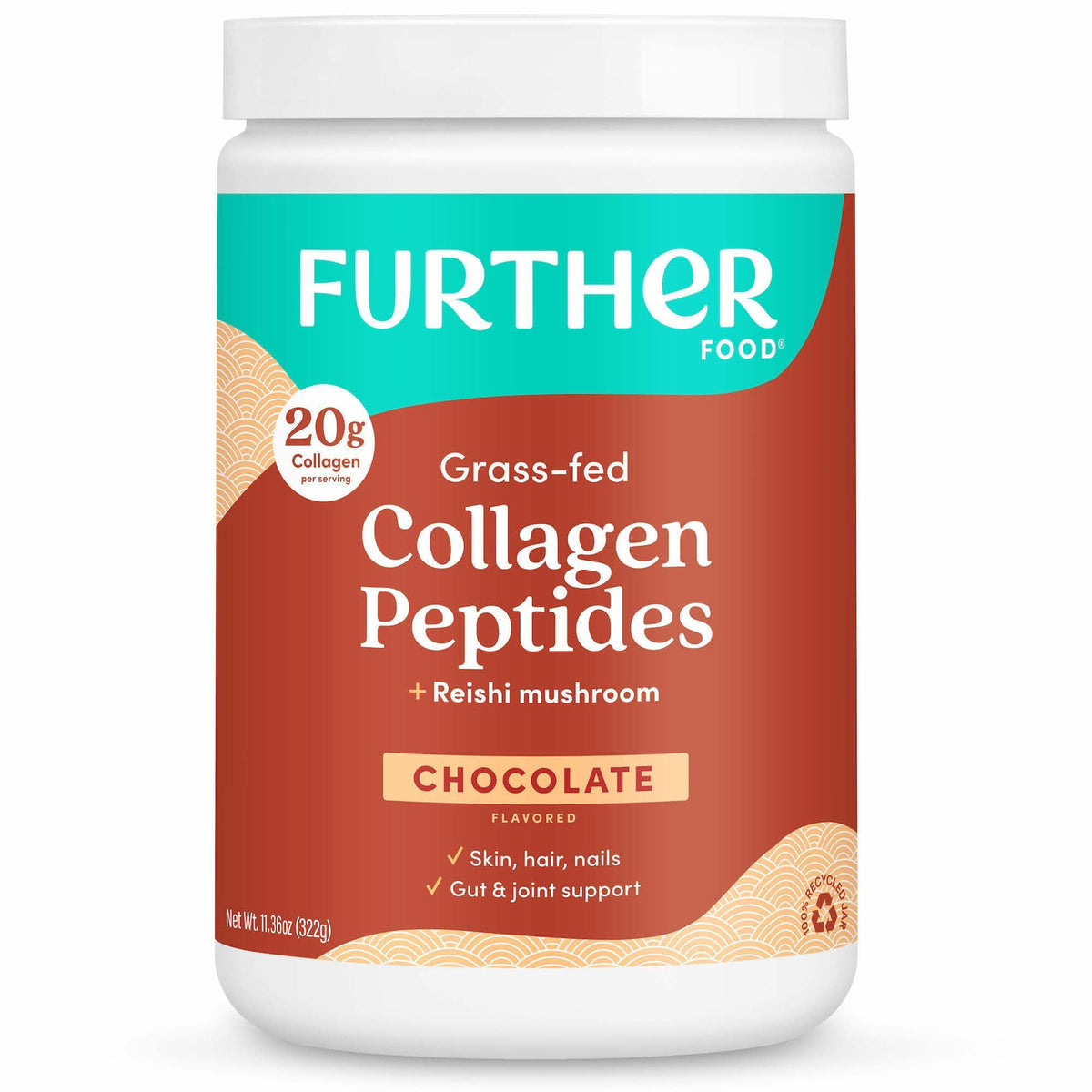 Further Food Chocolate Collagen Peptides Powder jar for daily beauty and joint support.