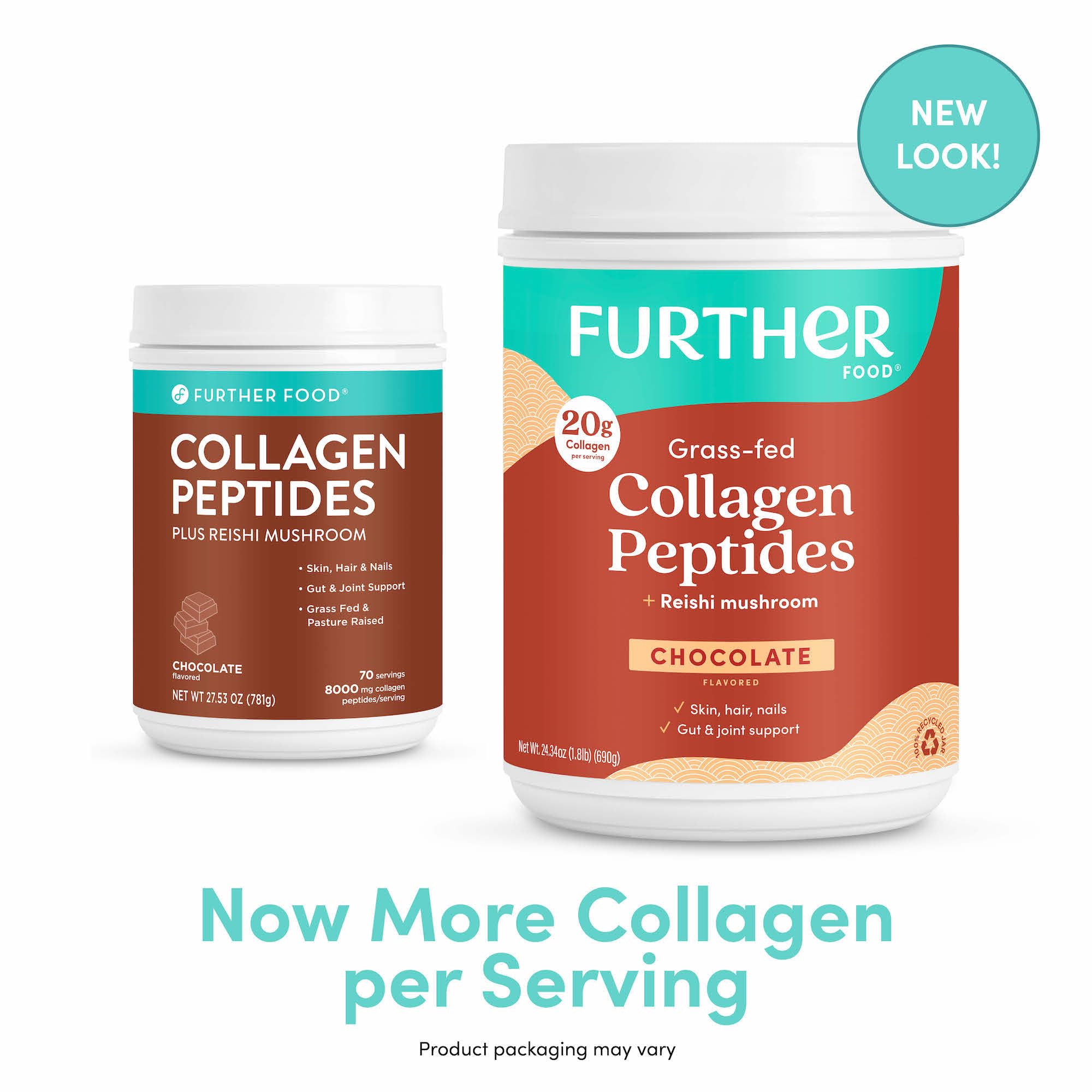 Further Food Chocolate Collagen Powder packaging highlights 24.34 oz size and value