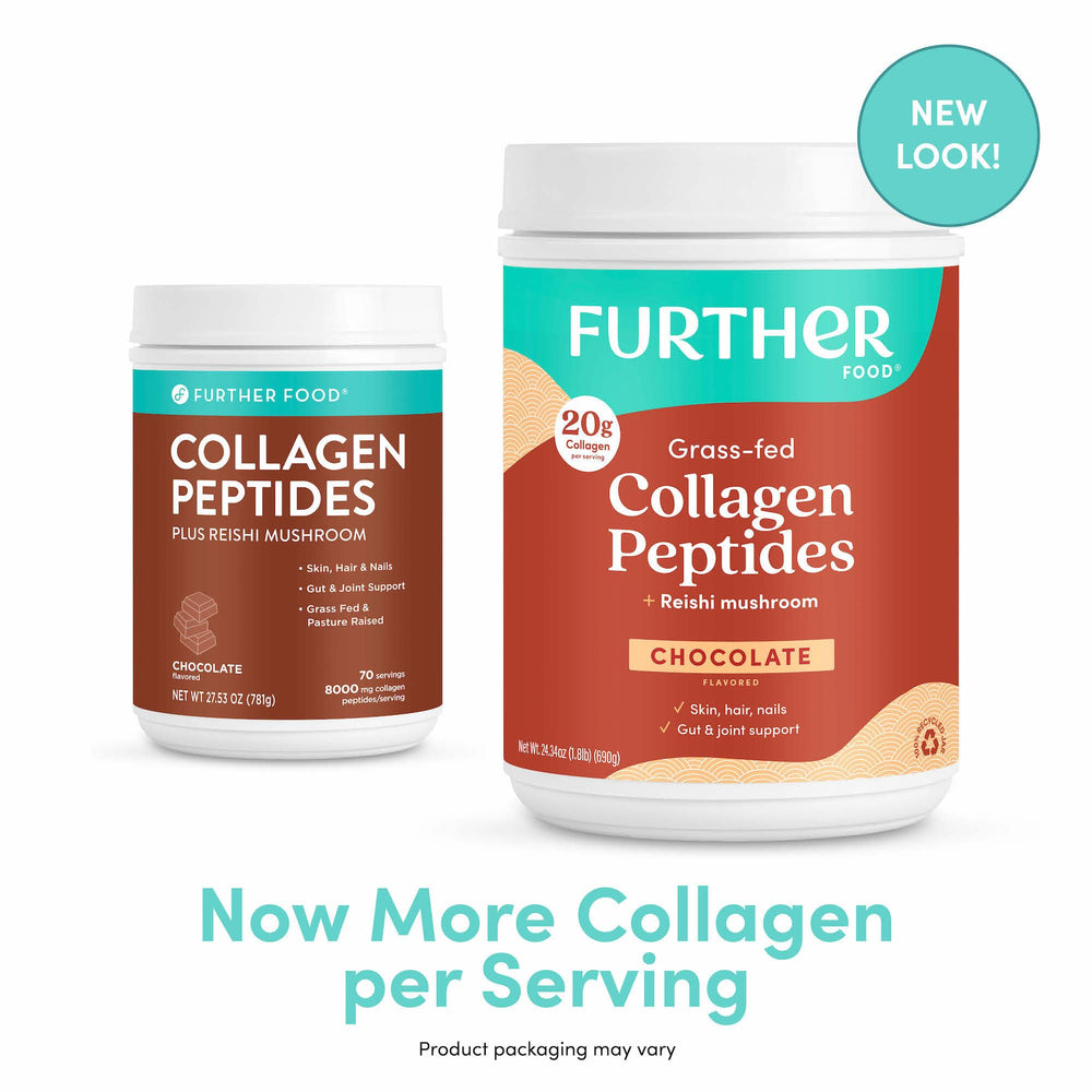 Further Food Chocolate Collagen Powder packaging highlights 24.34 oz size and value