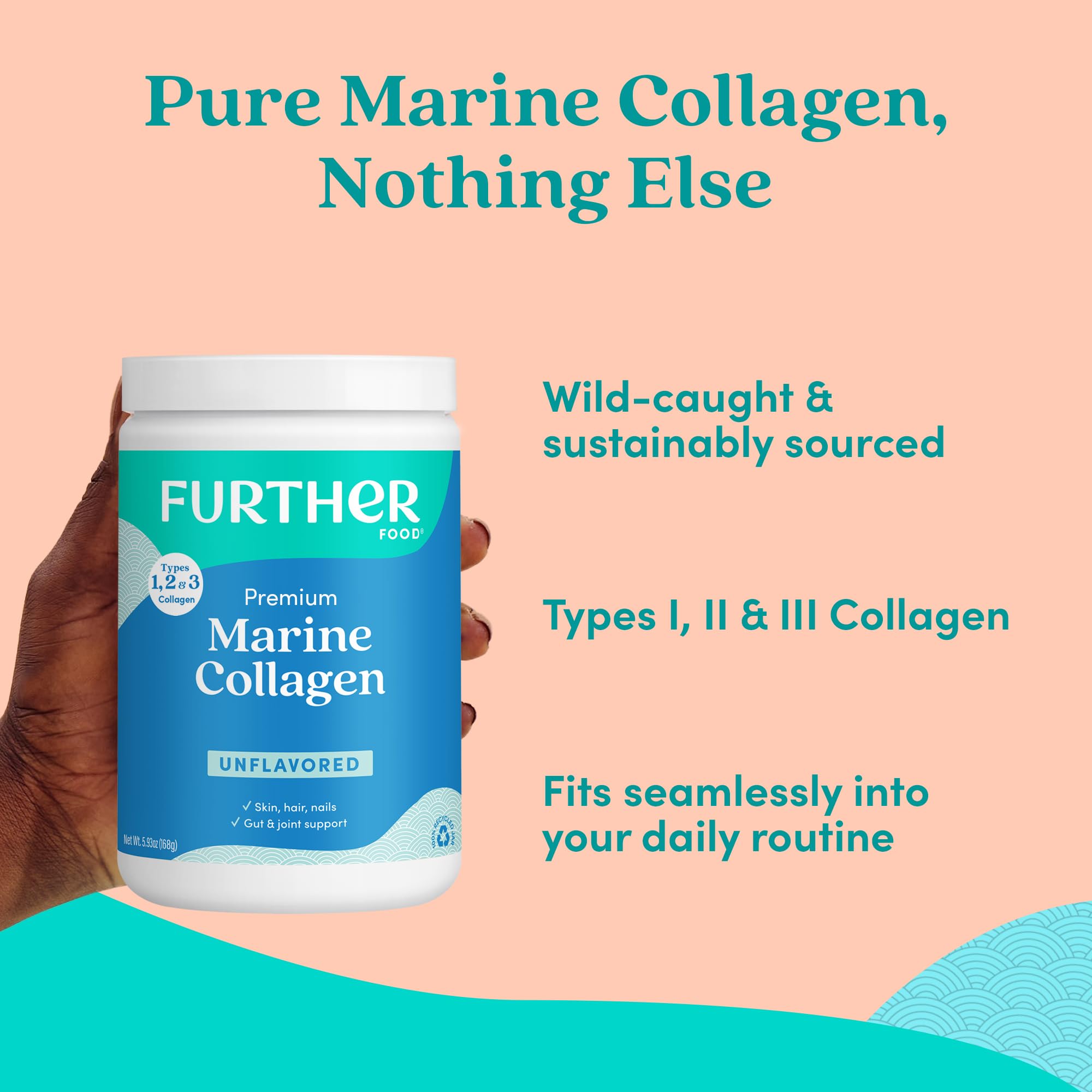 Further Food marine collagen powder dissolving in water for quick mixing.