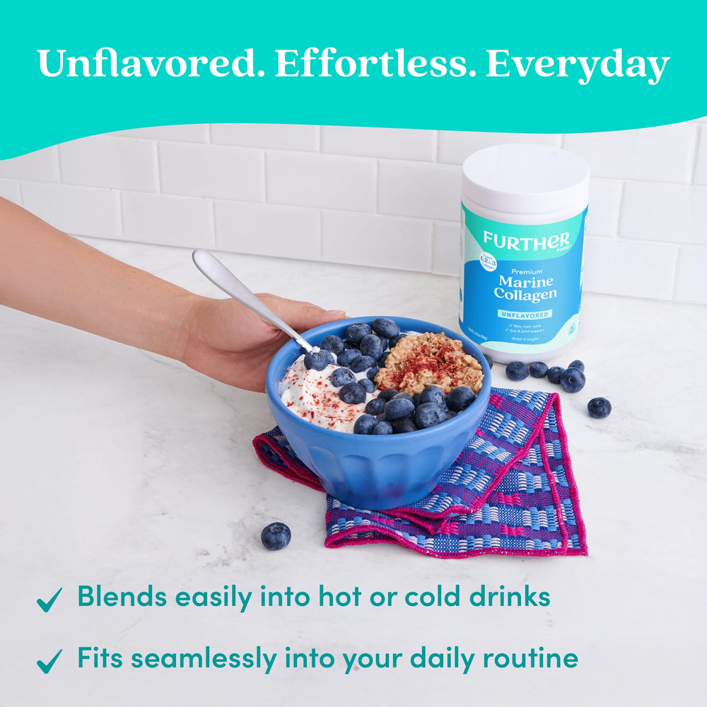 Label highlights hydrolyzed collagen and bioavailability on Further Food powder.