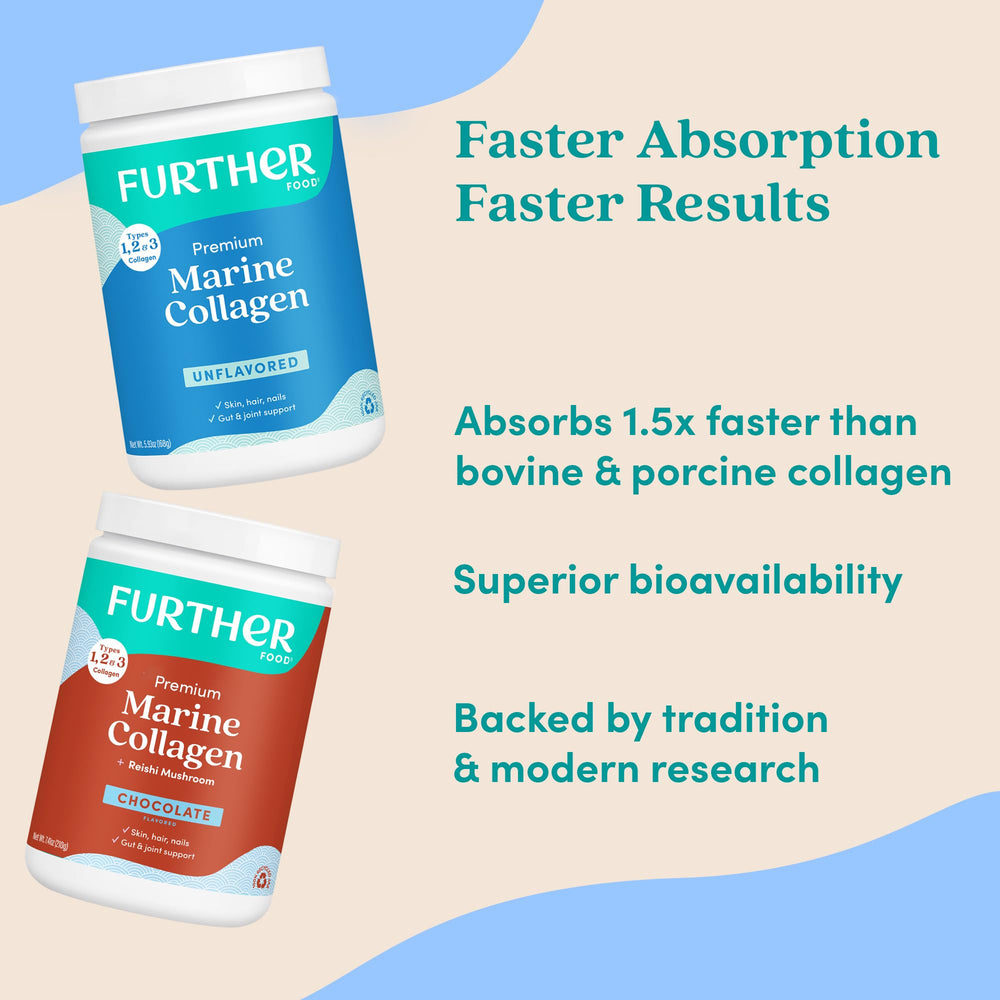 Sustainability seal on Further Food marine collagen packaging indicates responsible sourcing.