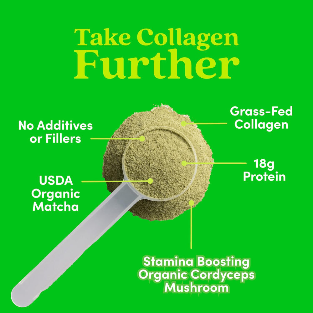 Further Food Matcha Collagen dissolving in warm milk for latte.