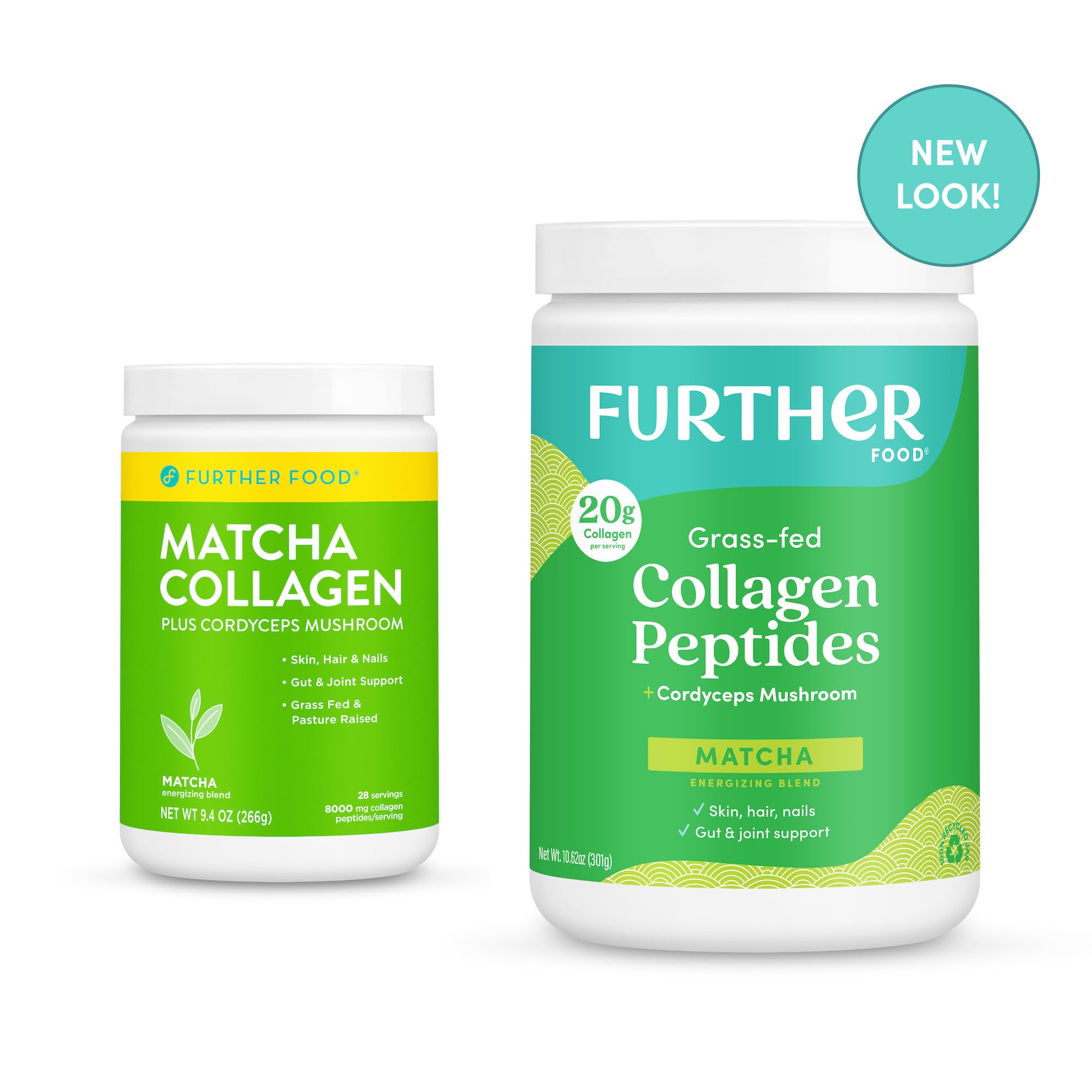 Further Food Matcha Collagen ingredients label shows organic matcha and cordyceps.