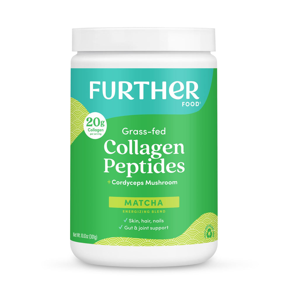 Further Food Matcha Collagen powder bottle shows energy and skin support.
