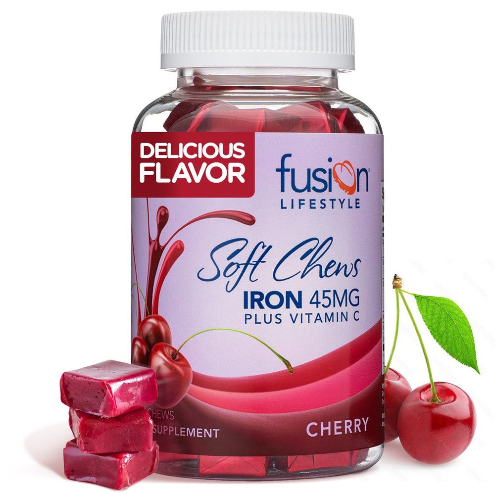 Fusion Lifestyle cherry iron chew bottle promotes daily energy and wellness
