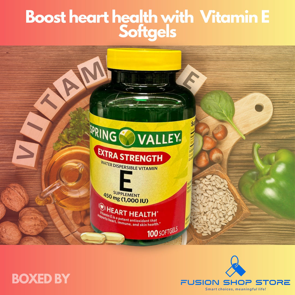 Fusion Shop Store Vitamin E 1000 IU softgels bottle with water demonstrating dispersible formula