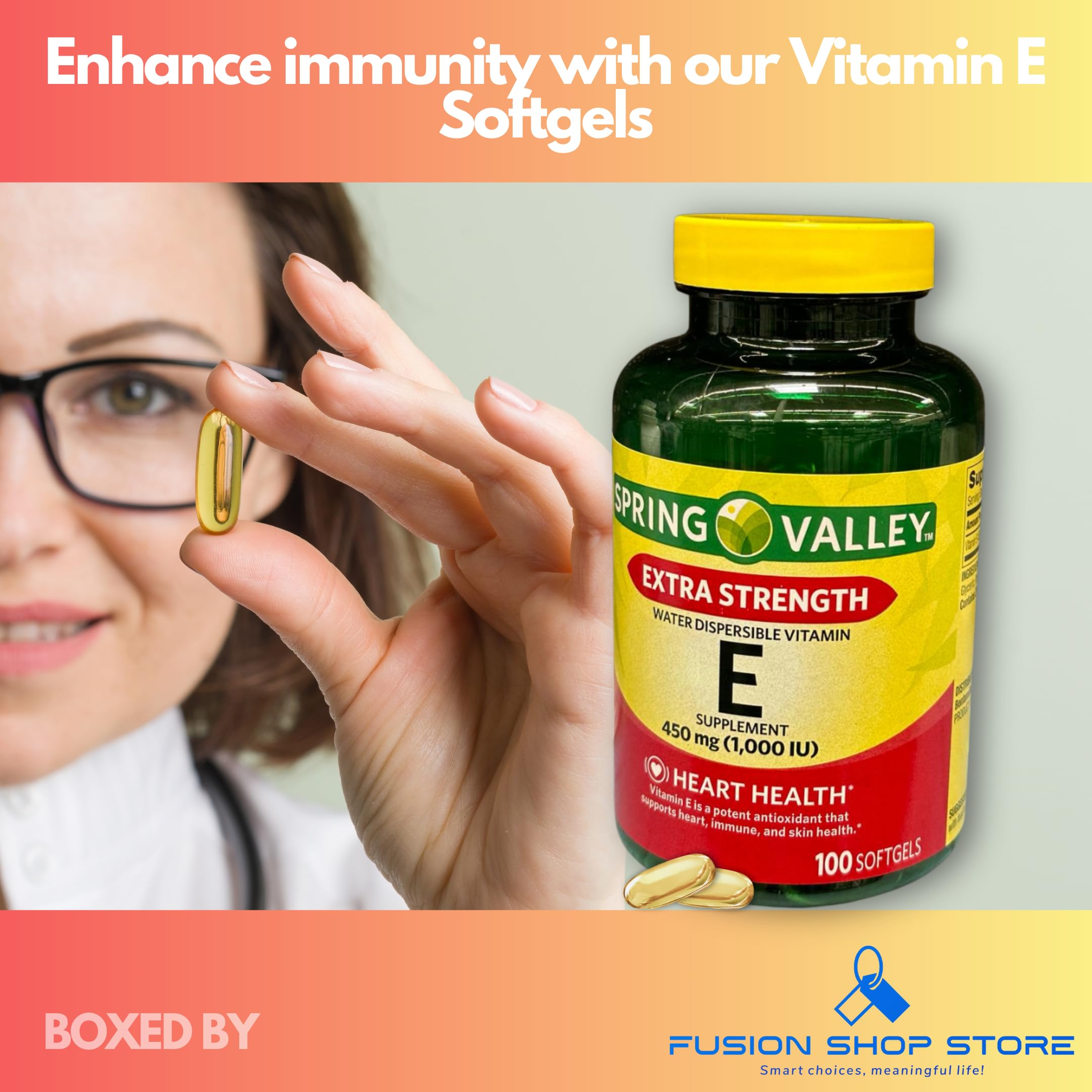 Fusion Shop Store Vitamin E 1000 IU softgels closeup showing easy to swallow capsules