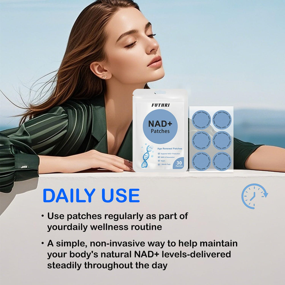 FUTHRI NAD+ Patches close-up focuses on herbal blend and vitality.