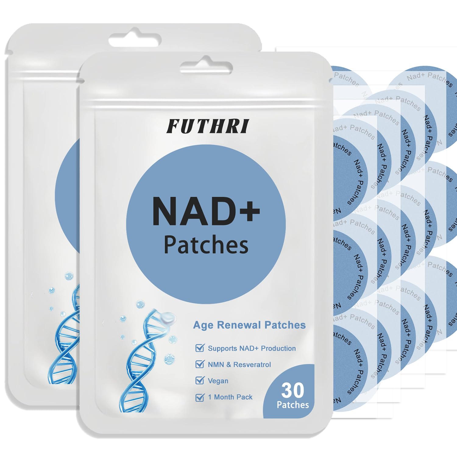 FUTHRI NAD+ Patches packaging emphasizes vegan, all-day wear for steady energy.