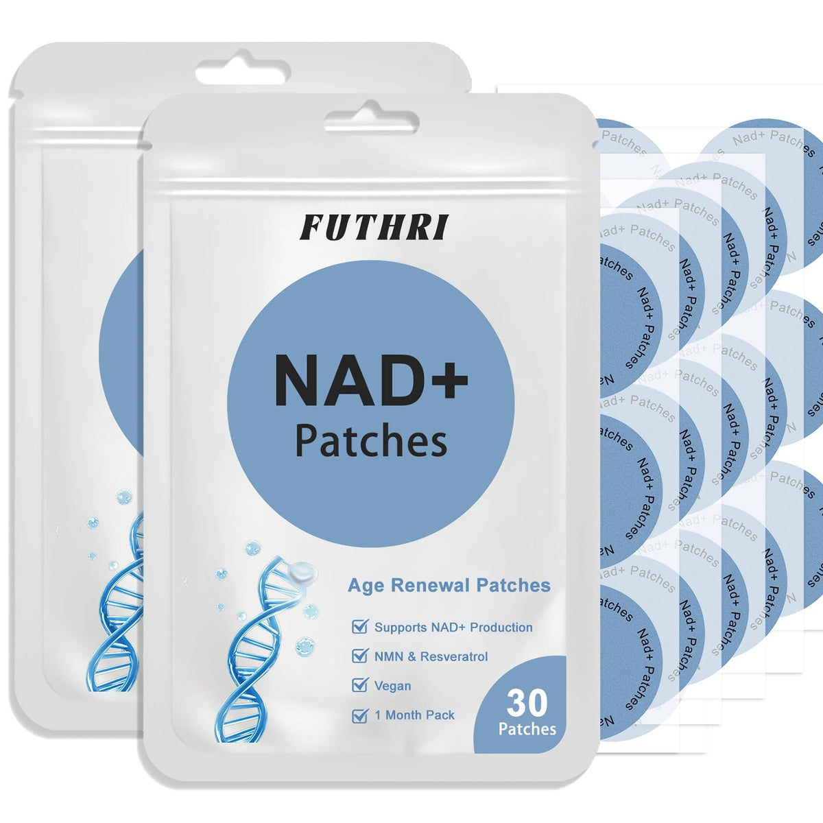 FUTHRI NAD+ Patches packaging emphasizes vegan, all-day wear for steady energy.