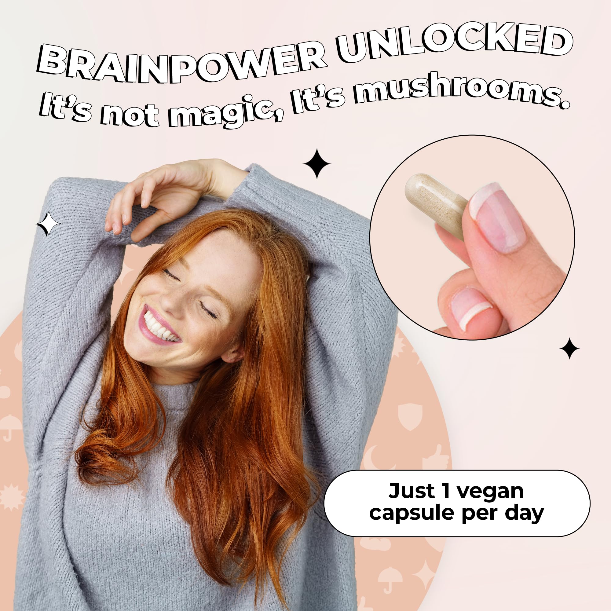 Future Kind five-mushroom blend capsules highlight immune and brain support.