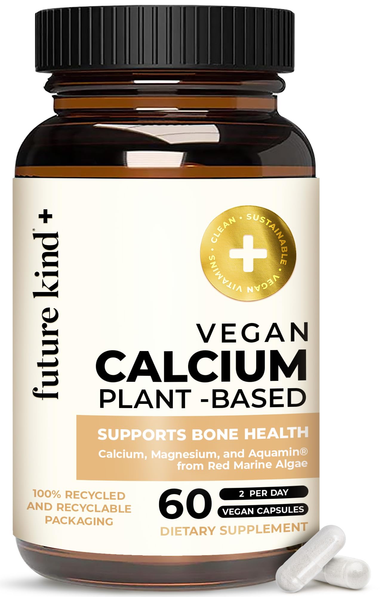 Future Kind vegan calcium supplement bottle highlighting plant-based calcium for teeth and bone support.