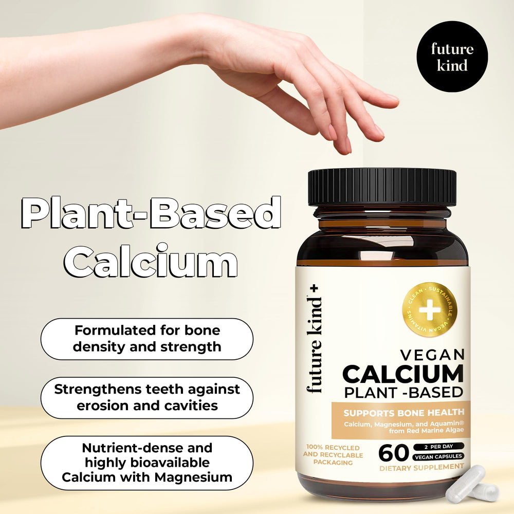 Future Kind vegan calcium capsules visible, emphasizing convenient daily wellness for plant-based diets.