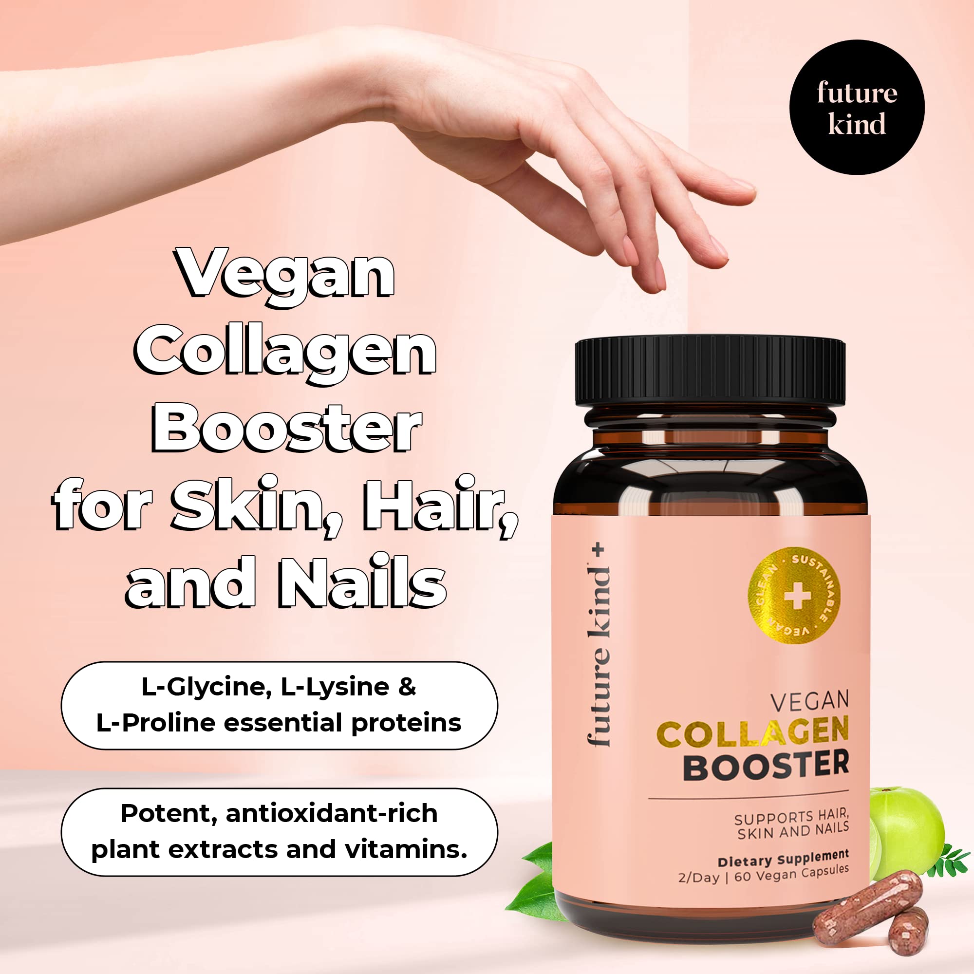 Future Kind Vegan Collagen bottle back with ingredients and sustainable packaging details