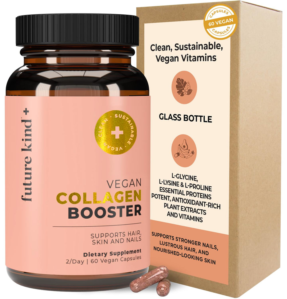 Future Kind Vegan Collagen bottle front in glass packaging for skin support