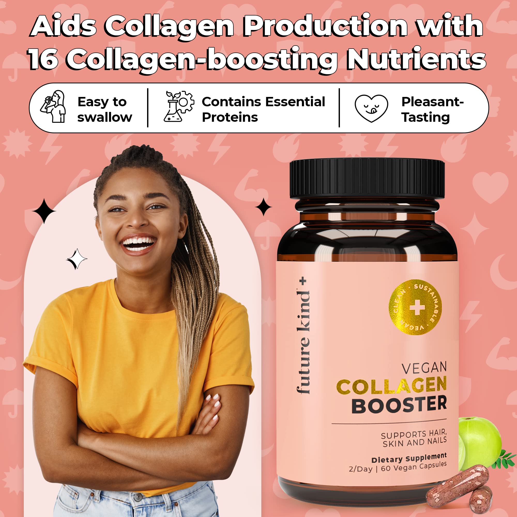 Future Kind Vegan Collagen daily-use scene with glass bottle in a calm routine